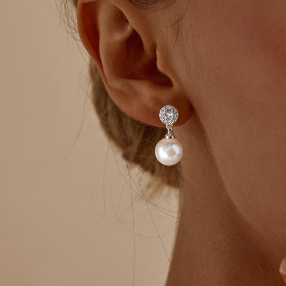 Pearl Drop Earrings Imitation Diamond Dangle Bridal Bridesmaid Jewelry - Picture 4 of 8